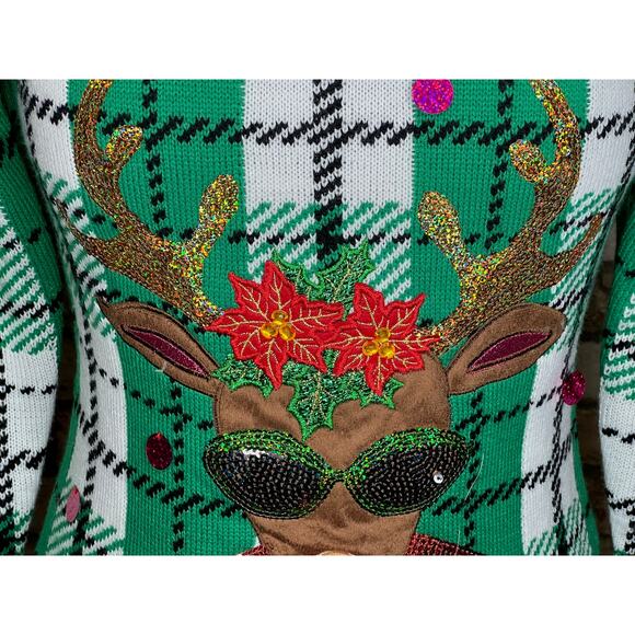 Celebrate together ugly christmas sweater reindeer rudolph plaid red green pink - Picture 4 of 11